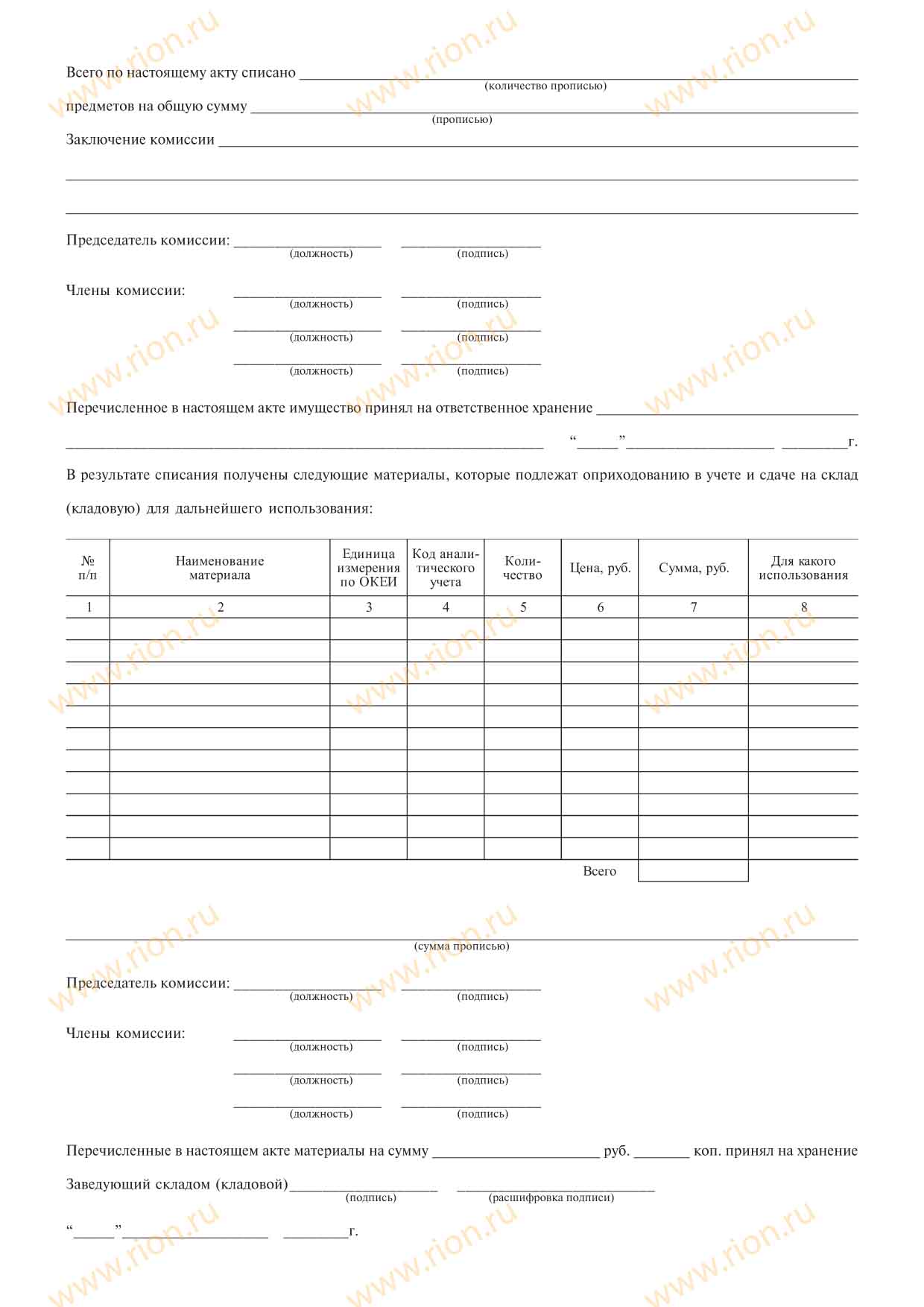 Акт о списании малоценных предметов Макет RA0276 ~ Типография РИОН