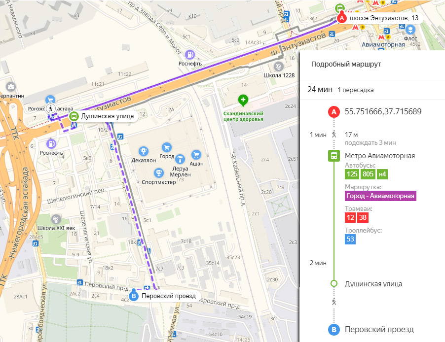 Схема проезда от м. Авиамоторная - транспортом