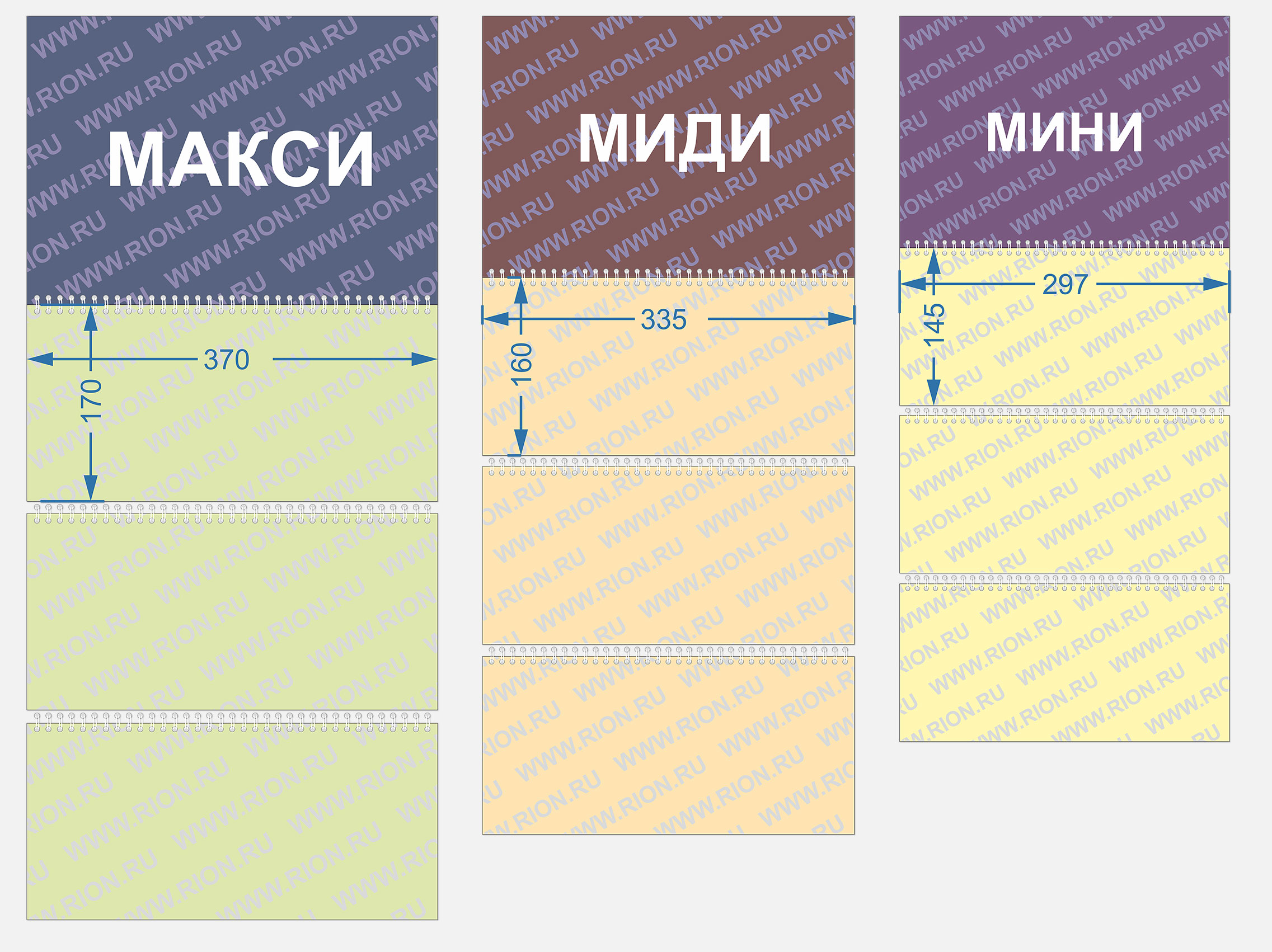 Соотношение размеров календарей мини/миди/макси