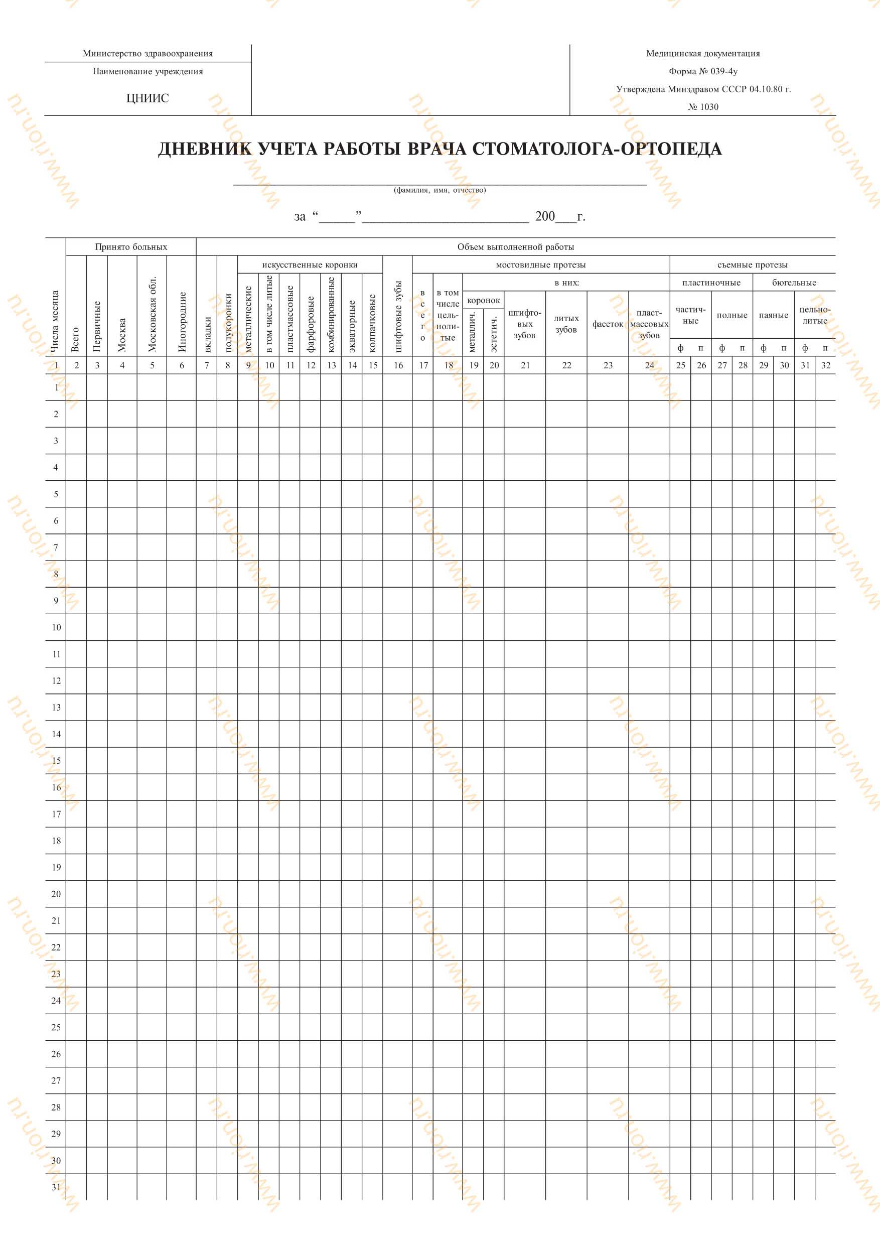 039 форма врача. Дневник учета работы врача стоматолога-ортопеда форма 039-4/у. Сводная ведомость врача стоматолога ортопеда. Дневник врача стоматолога ортопеда 039 4 у. Лист ежедневного учета врача стоматолога 037/у-88.