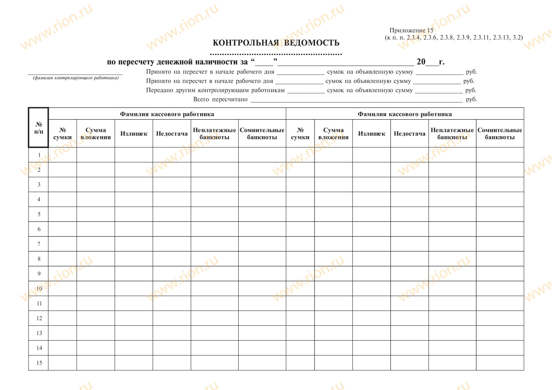 Контрольная ведомость по пересчету денежной наличности