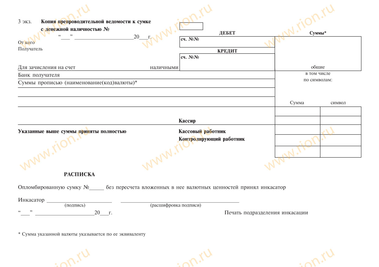 Копия к предпроводительной ведомости к сумке с денежной наличностью