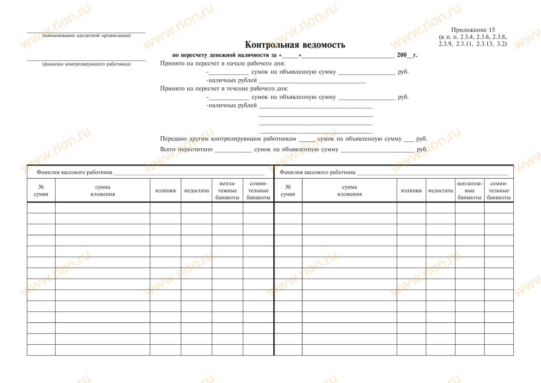 Контрольная ведомость по пересчету денежной наличности